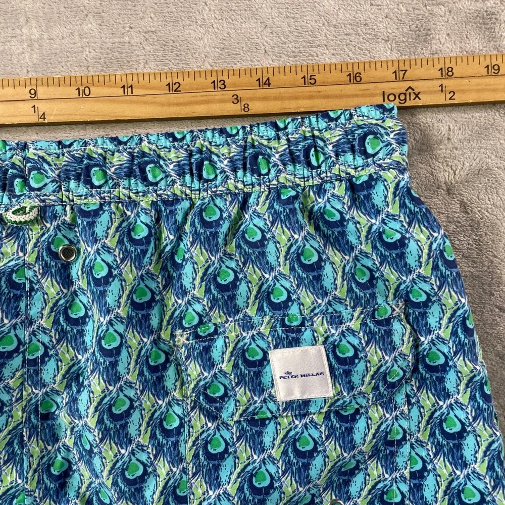 Peter Millar Swim Trunks Mens Medium Blue Green Peacock Feather Lined Summer